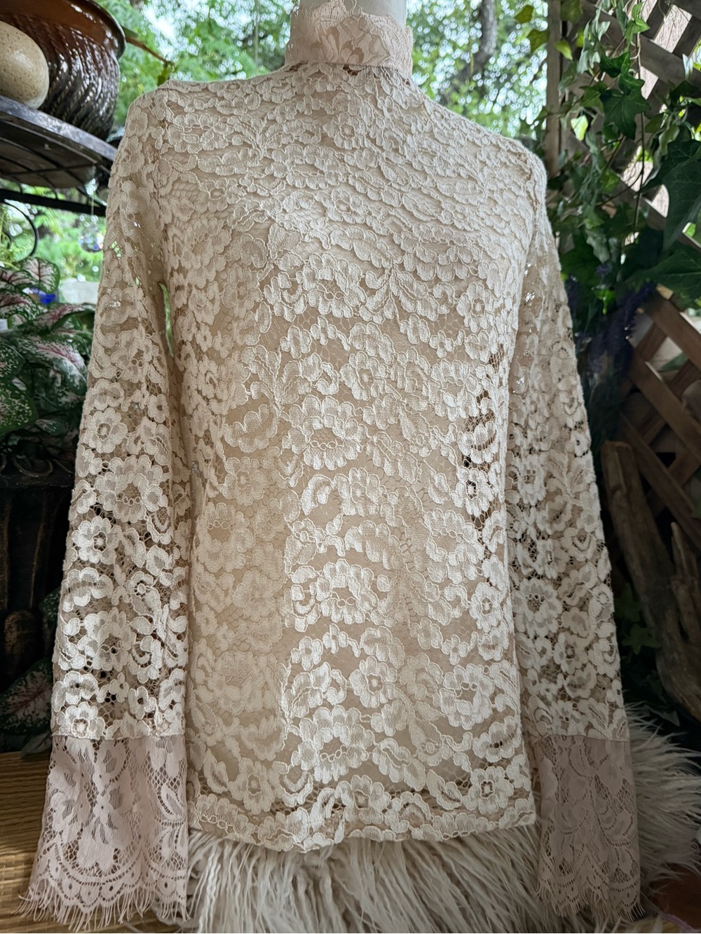 Vintage Cream Floral Lace High Neck Long Sleeve Blouse